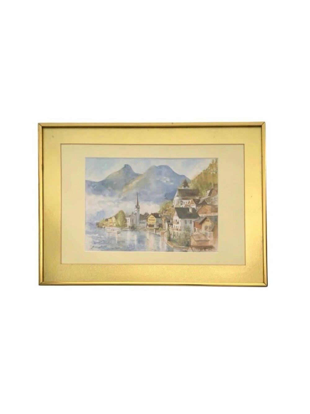 Austrian Alps Village Landscape Watercolor Print Signed 1986 Wall Art